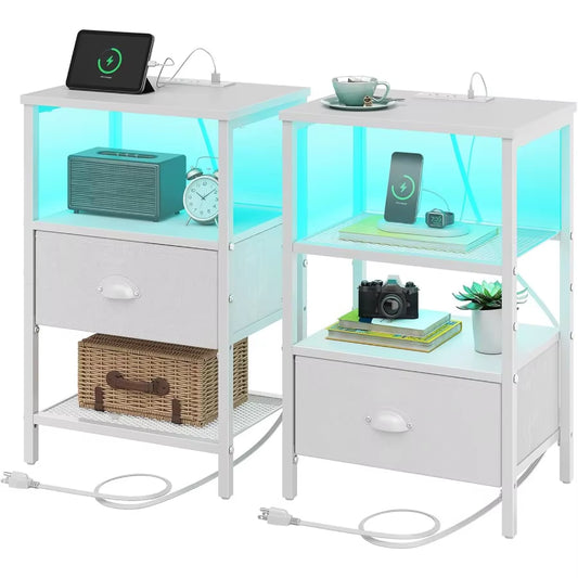 Sthmec Nightstands Set of 2 LED Bedside Tables with Charging Station and Fabric Drawer Night Stand with Storage 3 Tier Side Tab