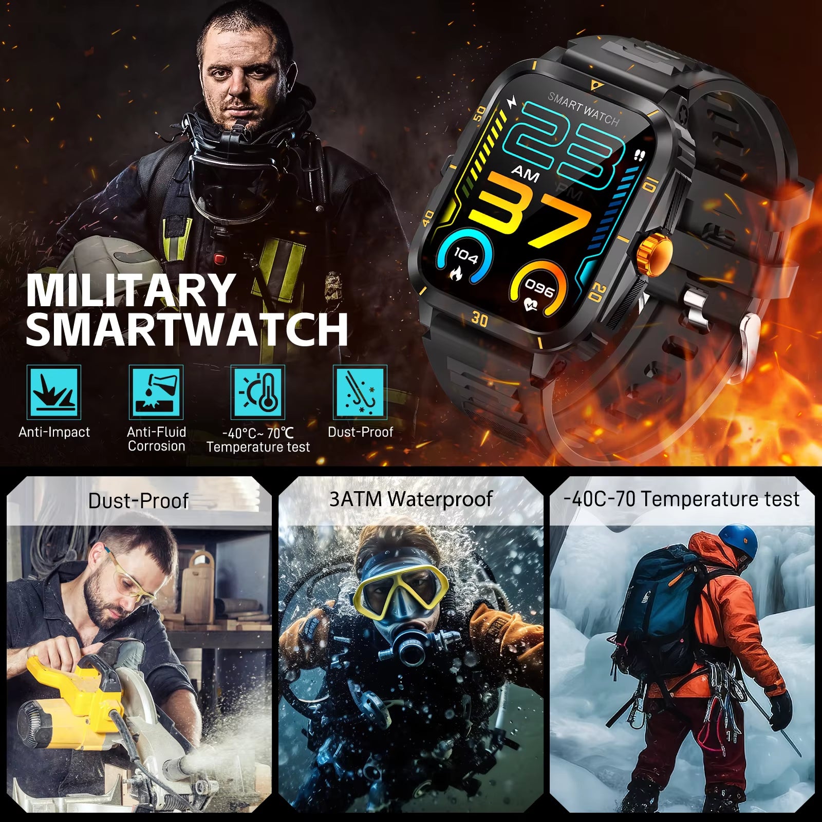 New Smart Watch for Men 3ATM Waterproof 1.96"HD Big Screen Rugged Smart Watch Heart Rate/Spo2/Sleep Monitor Fitness Watch