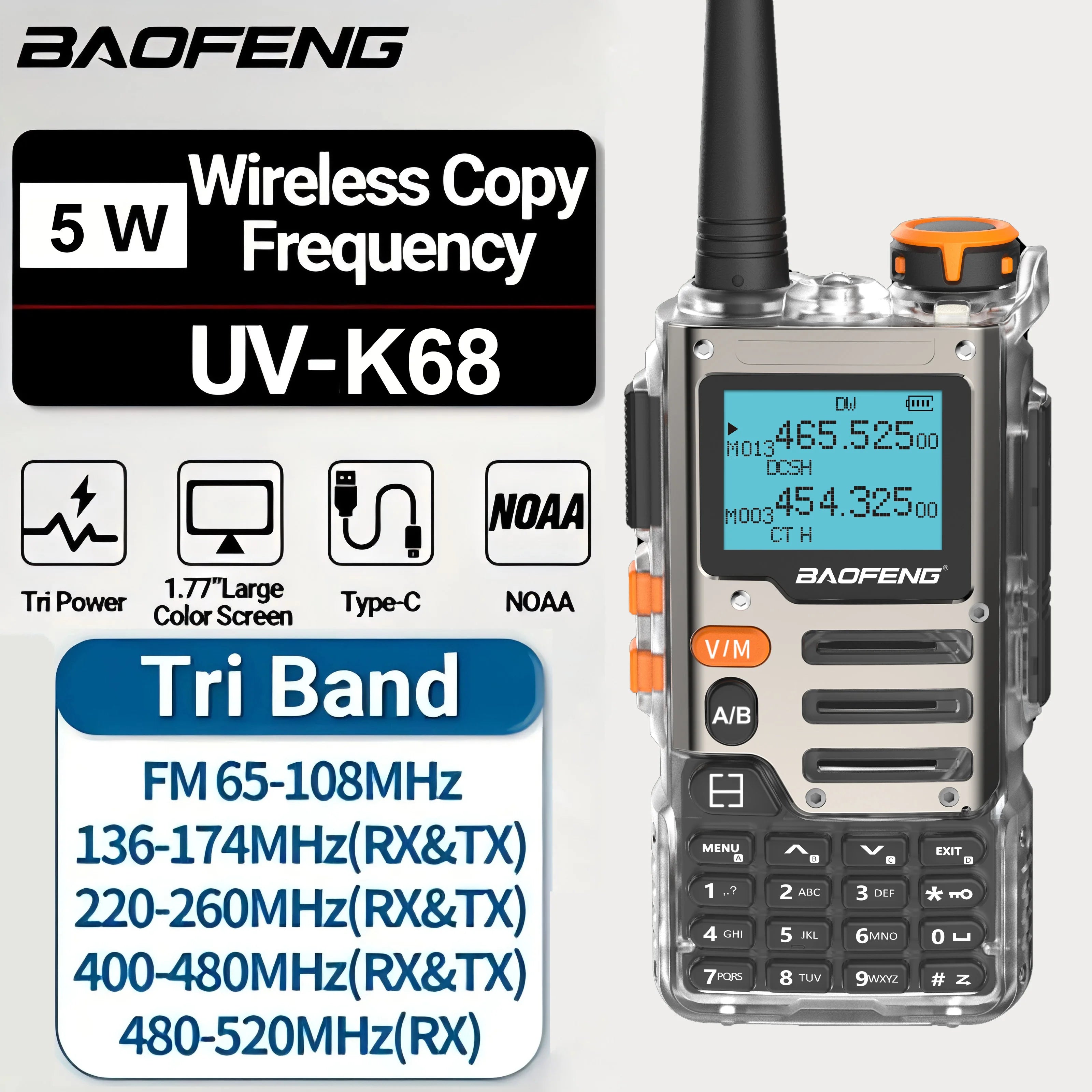 UV-K68 Walkie Talkie Air Band Radio TYPE-C K68 Charge UHF VHF DTMF FM NOAA Wireless Frequency Two Way Radio