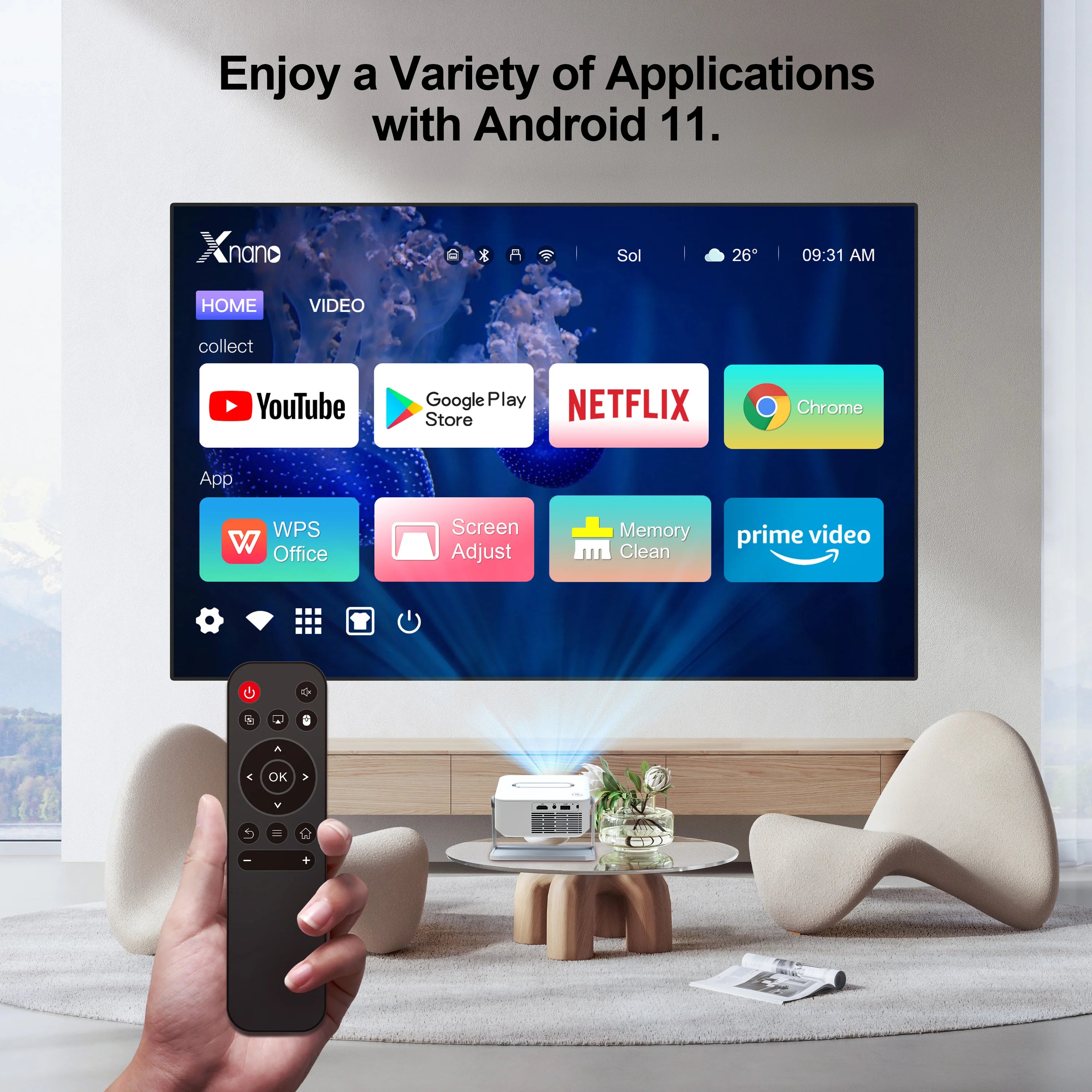 HA109 Mini Projector Android11 Wifi6 BT5.0 280 ANSI 720P Built-In App Mirror Smartphone for 1080P 4K Video Home Cinema