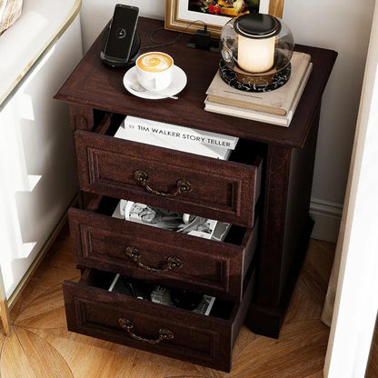 Nightstand with Charging Station Wooden Bedside Table with 3 Drawers for Bedroom End Table for Small Spaces 1 Dark Brown