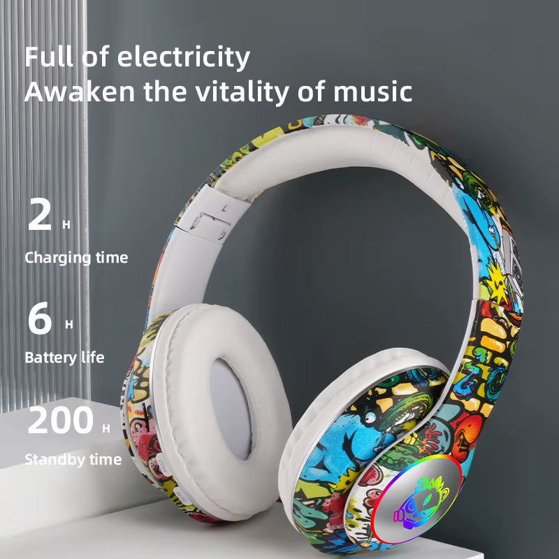 Graffiti Bluetooth Headphones Wireless LED Light Game Doodle Wireless Headsets with Mic for Kids Boy Girl Gift Support TF Card