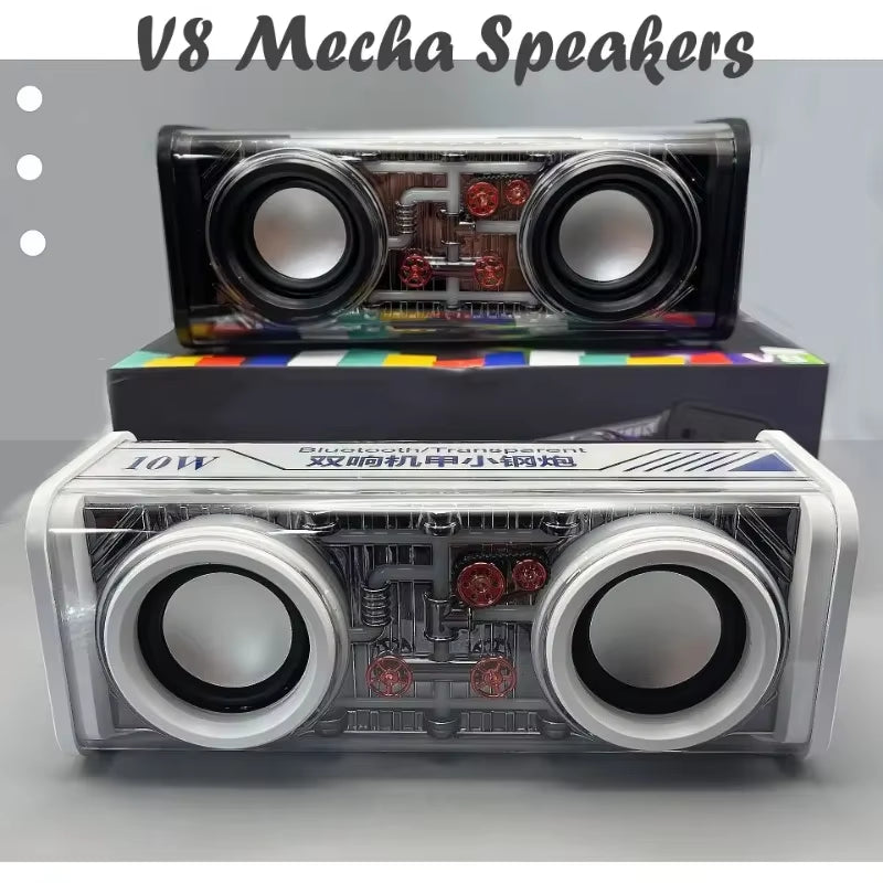 V8 Transparent Mecha Music Speakers Bluetooth Wireless 5.0 Bass Diaphragm Subwoofer TWS Stereo RGB Light Mini Party Speaker ﻿