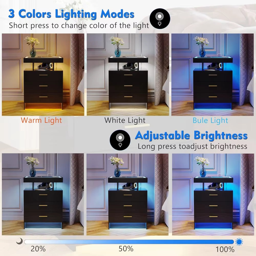 2 Set Nightstands with Wireless Charging Station, Auto Sensor 3 Color Dimmable LED Night Stand, Modern Bedside Table with 3 Dra
