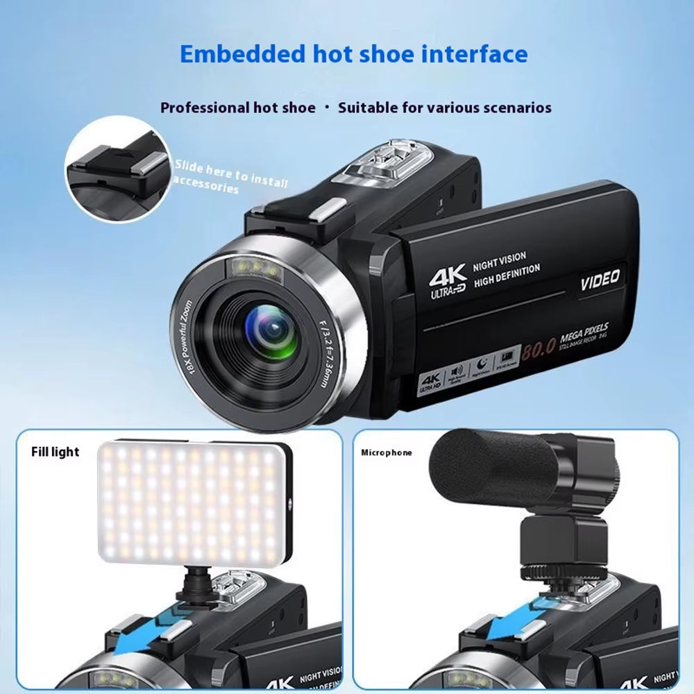 4K Video Camera Camcorder Ultra 80MP Digital Camera Vlogging Camera for Youtube 3.0" IPS 270° Screen IR Night Vision Handheld DV