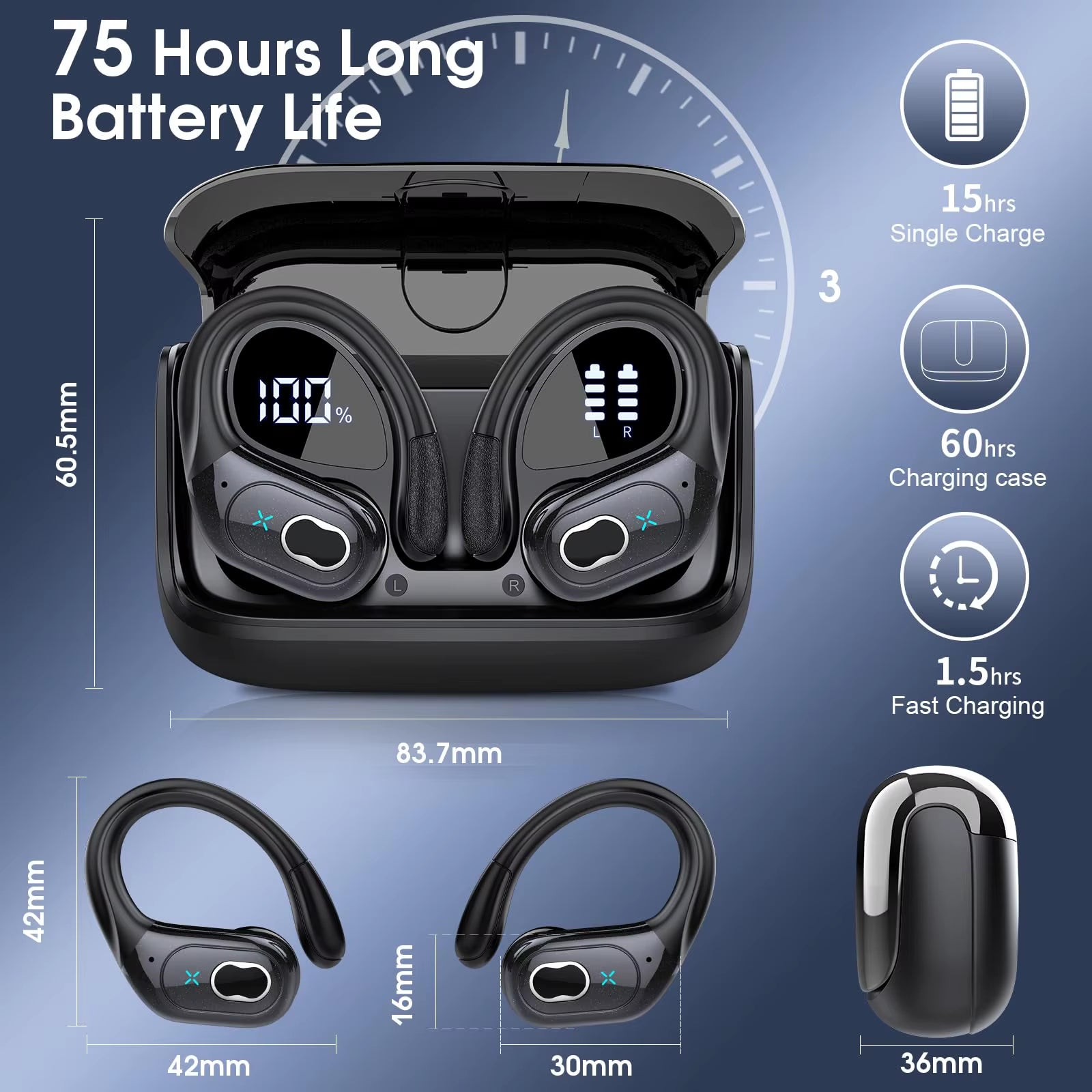 Wireless Earbuds Bluetooth 5.4, 75H Playtime Hi-Fi Stereo Deep Bass, ENC Mic IPX7 Waterproof Earhooks Sport Earphones.