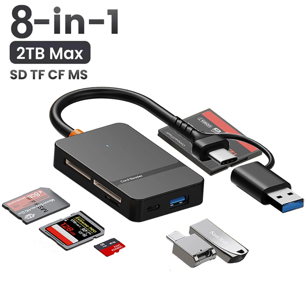 USB C 8-In-1 Card Reader Multi-Functional Card Reader Support SD/TF/CF/MS Card Read 5Gbps Write Read U Disk Flash Card Adapter