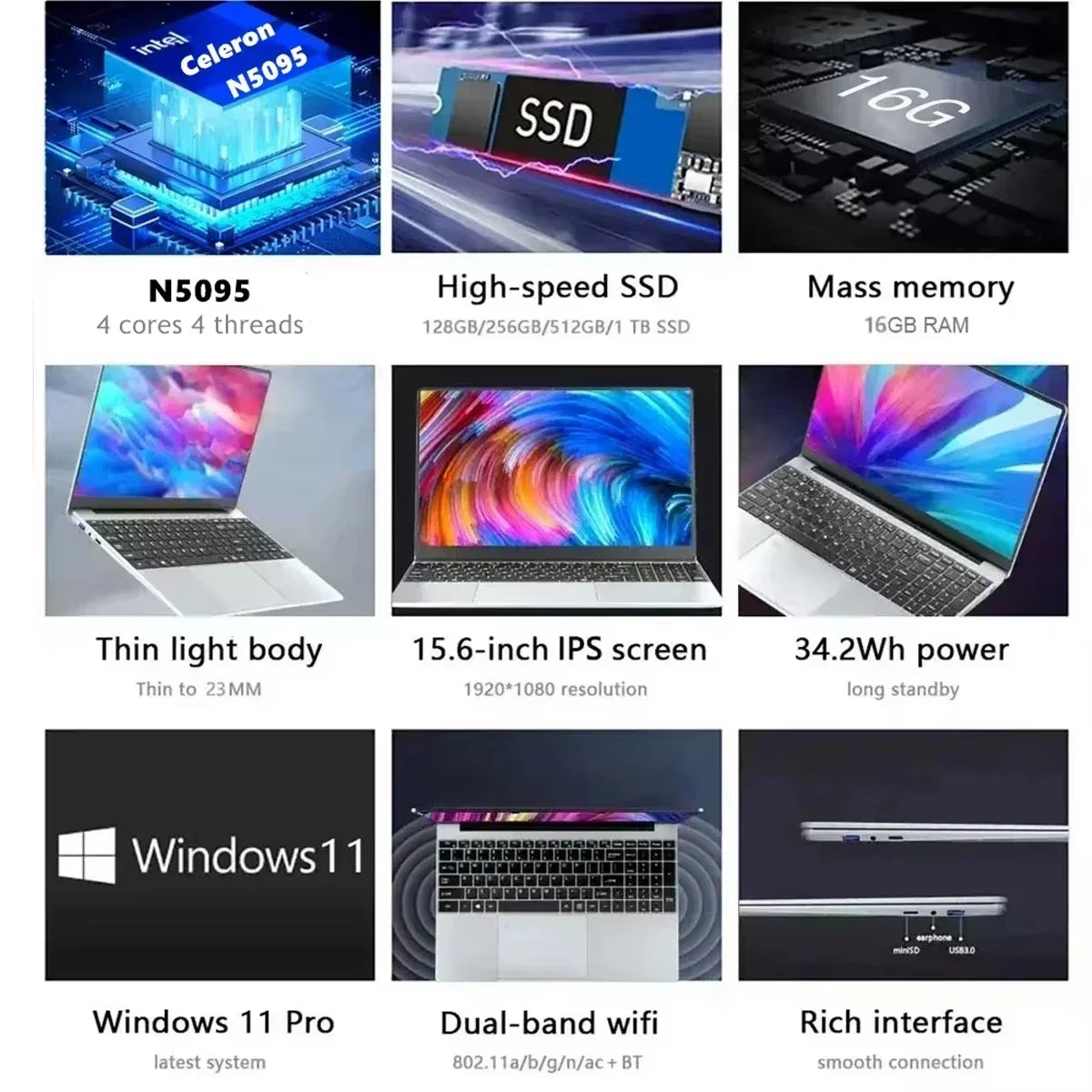 QMDZ 15.6" Laptop Computer  Celeron N5095 Notebook PC 16GB 32GB Ram 128GB-2TB SSD Office Study PC Windows 11 1080P Laptops