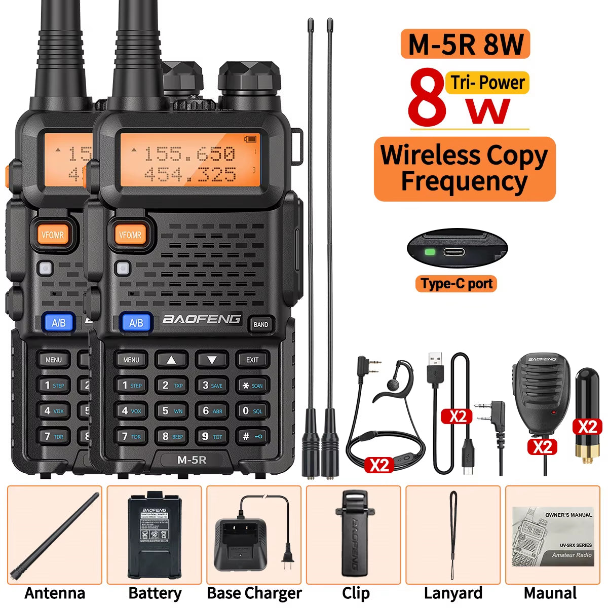 1/2PCS  M-5R 8W Walkie Talkie Multi Band Type-C Wireless Copy Frequency AM Long Range for UV-5R Two Way Ham Radio
