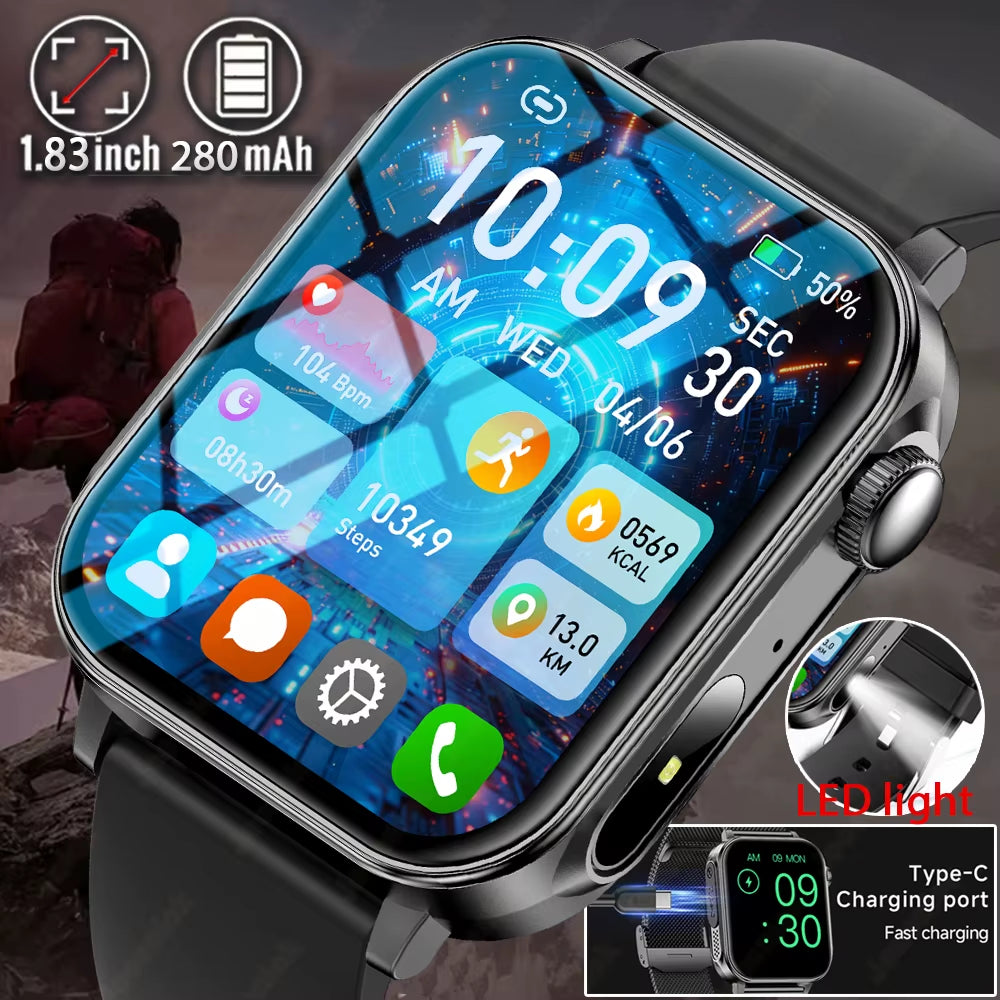 New Type-C Charging Bluetooth Call Smart Watch 1.83‘’ HD Full Screen Touch Flashlight 100+ Sports Mode Waterproof Smartwatch