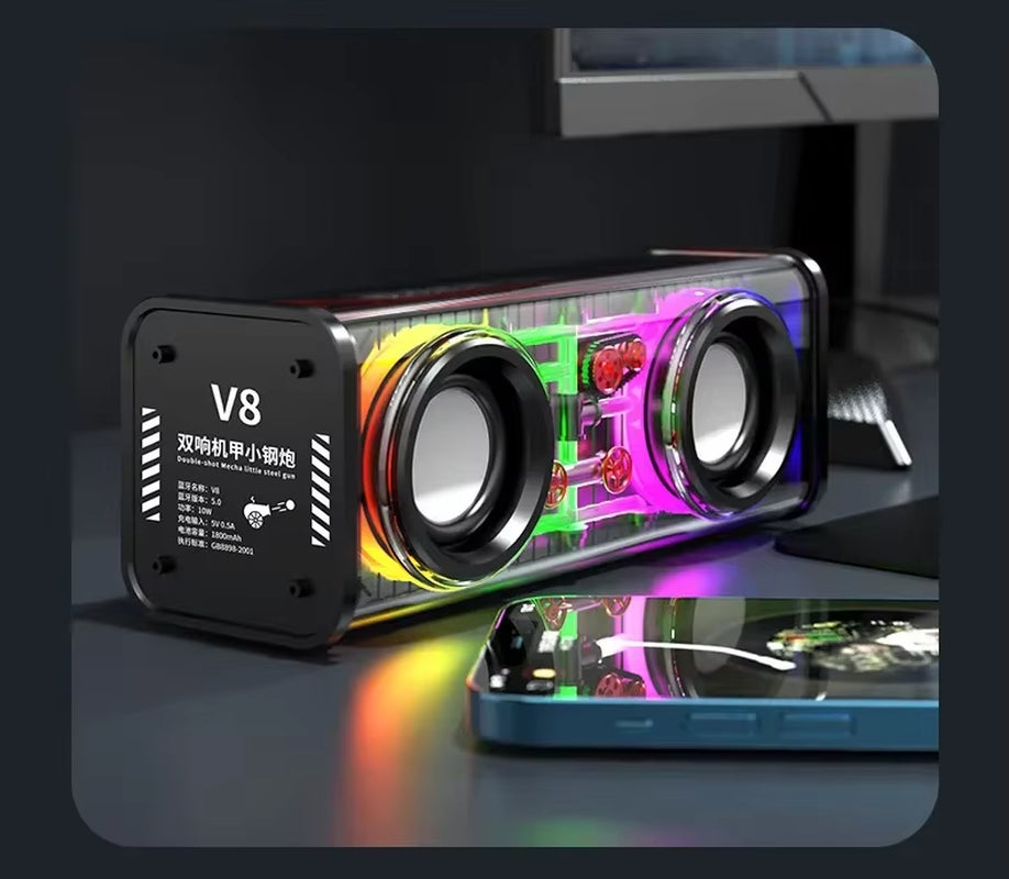 V8 Transparent Mecha Music Speakers Bluetooth Wireless 5.0 Bass Diaphragm Subwoofer TWS Stereo RGB Light Mini Party Speaker ﻿