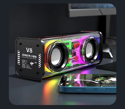 V8 Transparent Mecha Music Speakers Bluetooth Wireless 5.0 Bass Diaphragm Subwoofer TWS Stereo RGB Light Mini Party Speaker ﻿