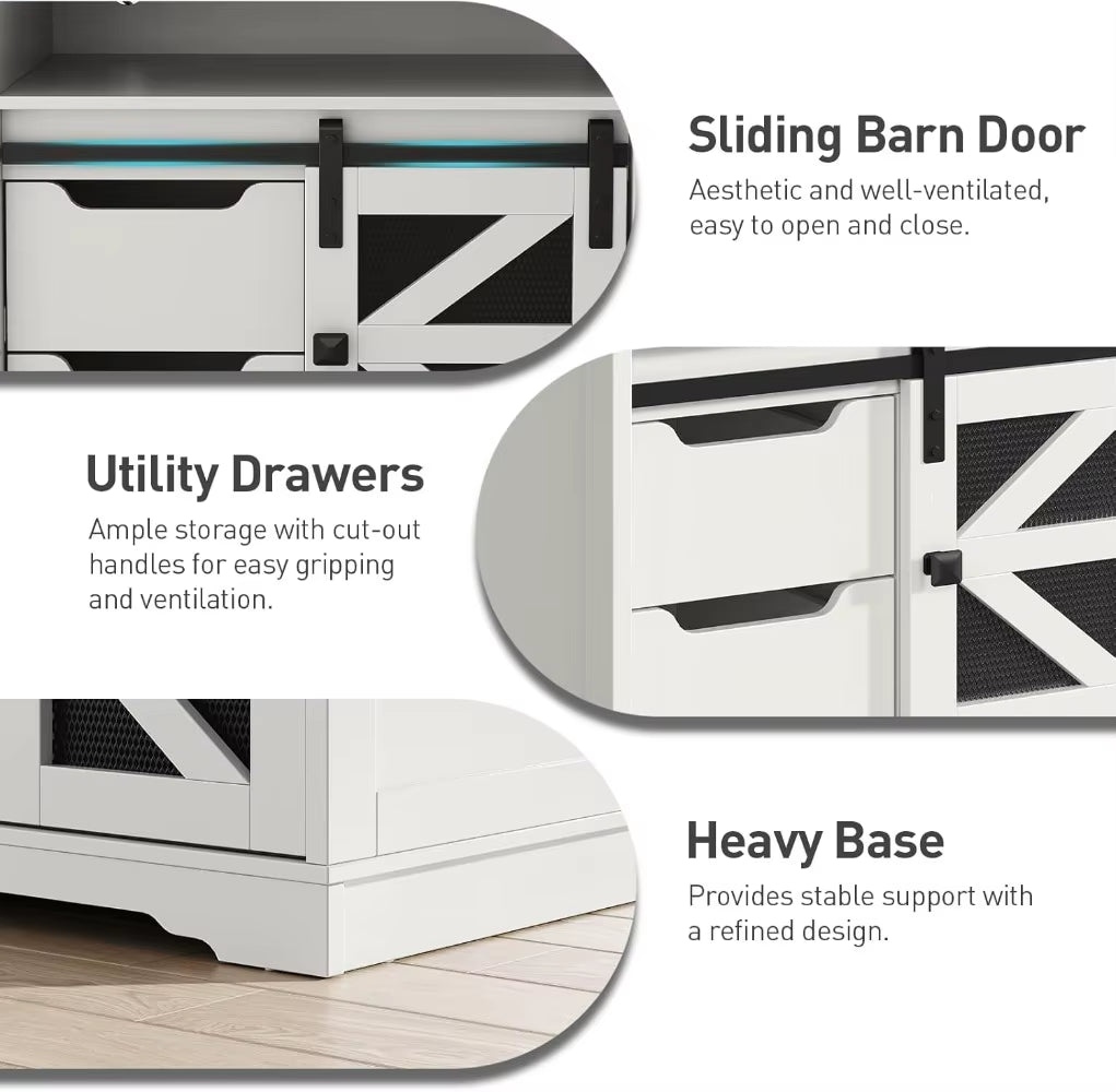 Farmhouse End Table with Charging Station, 2 Drawers & Barn Door, Rustic Wooden Nightstand for Bedroom Living Room