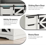 Farmhouse End Table with Charging Station, 2 Drawers & Barn Door, Rustic Wooden Nightstand for Bedroom Living Room
