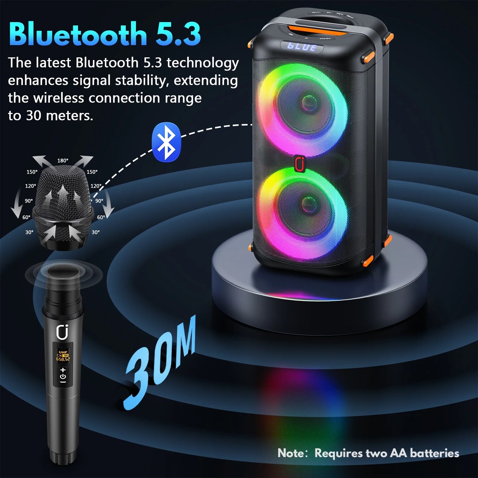Bluetooth Speaker, Home Singing Portable Party Speaker with 2 Microphones, Dual 6.5'' Subwoofer Deep Bass, Rgb Lights, T27-T
