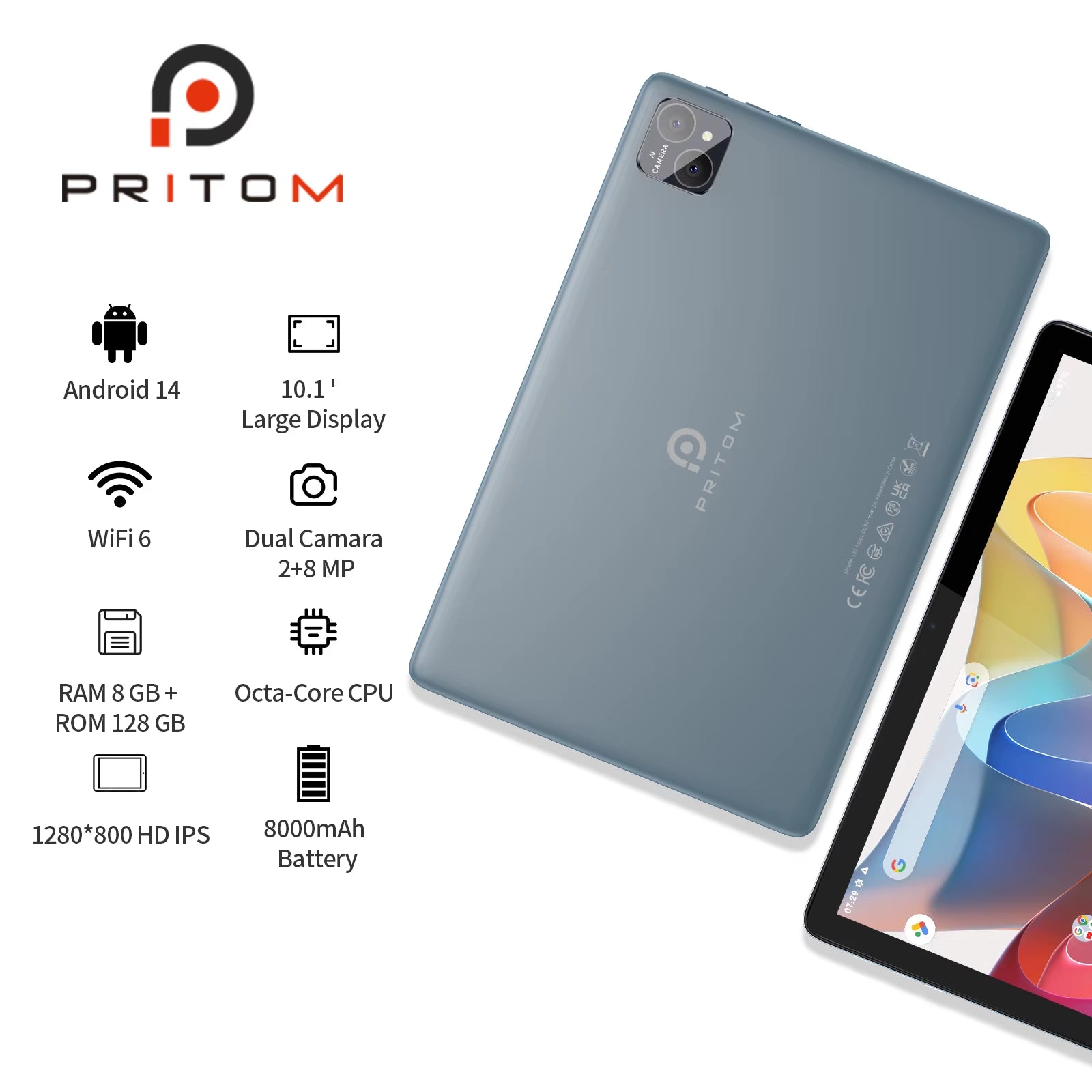 Android 14 Tablet 10.1 Inch, 8GB(4+4 Expand) RAM + 128GB ROM, Octa Core, 5G Wifi, with Keyboard, Mouse, Case