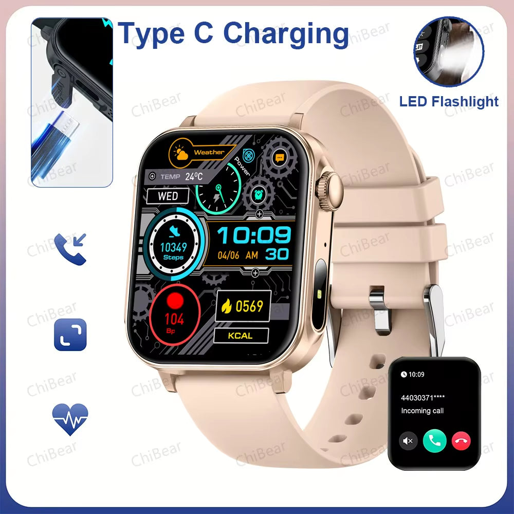 New Type-C Charging Bluetooth Call Smart Watch 1.83‘’ HD Full Screen Touch Flashlight 100+ Sports Mode Waterproof Smartwatch