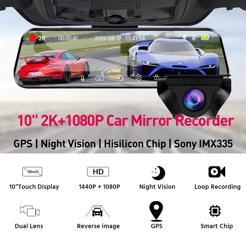 10" Dash Cam 2K Car Dvr Auto WIFI Mirror Stream Optioanl1080P Rearview Black Box Dashcam Camera Night Vision Drive Recorder