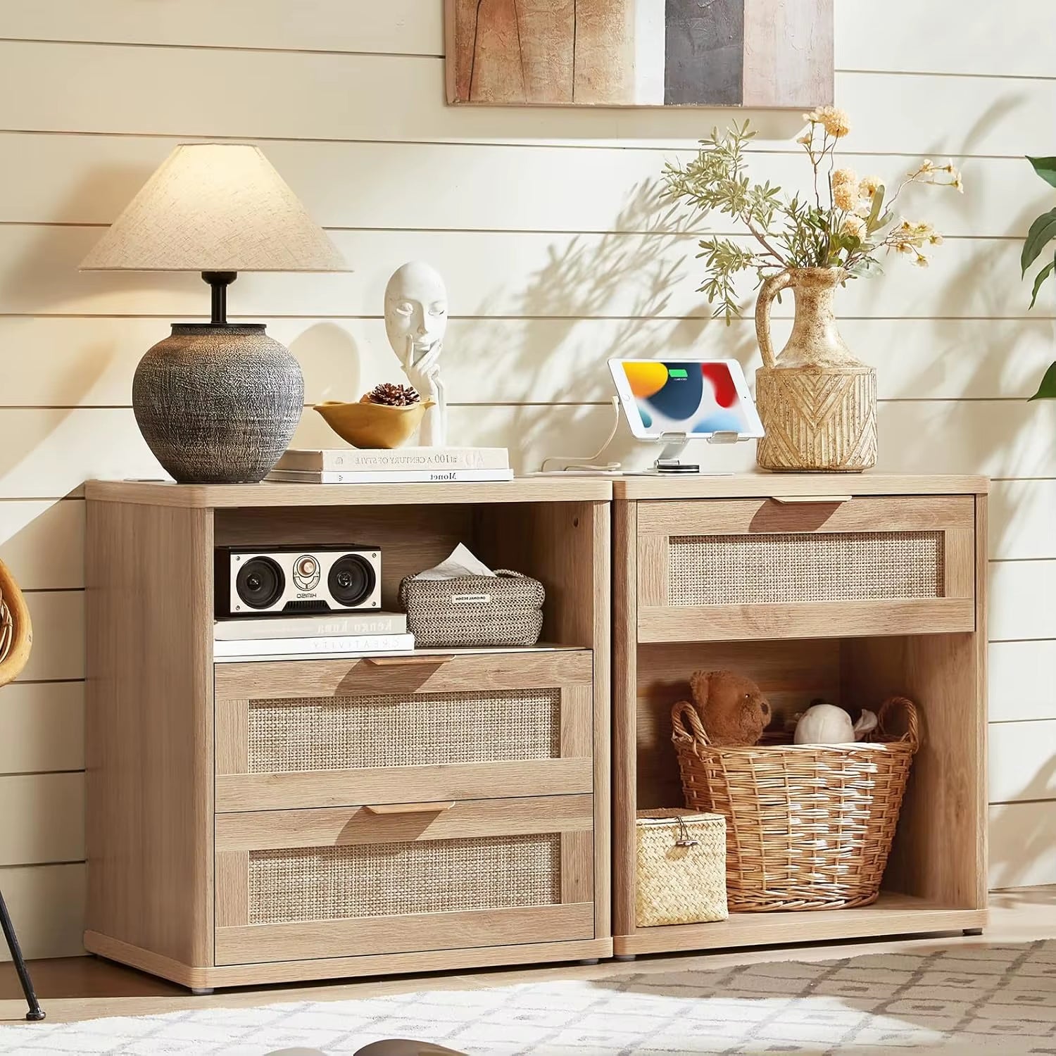 Rattan Nightstand Set of 2 with Charging Station, 1 & 2 Drawers Boho Night Stand Dresser for Bedroom, Natural Wood, Customized