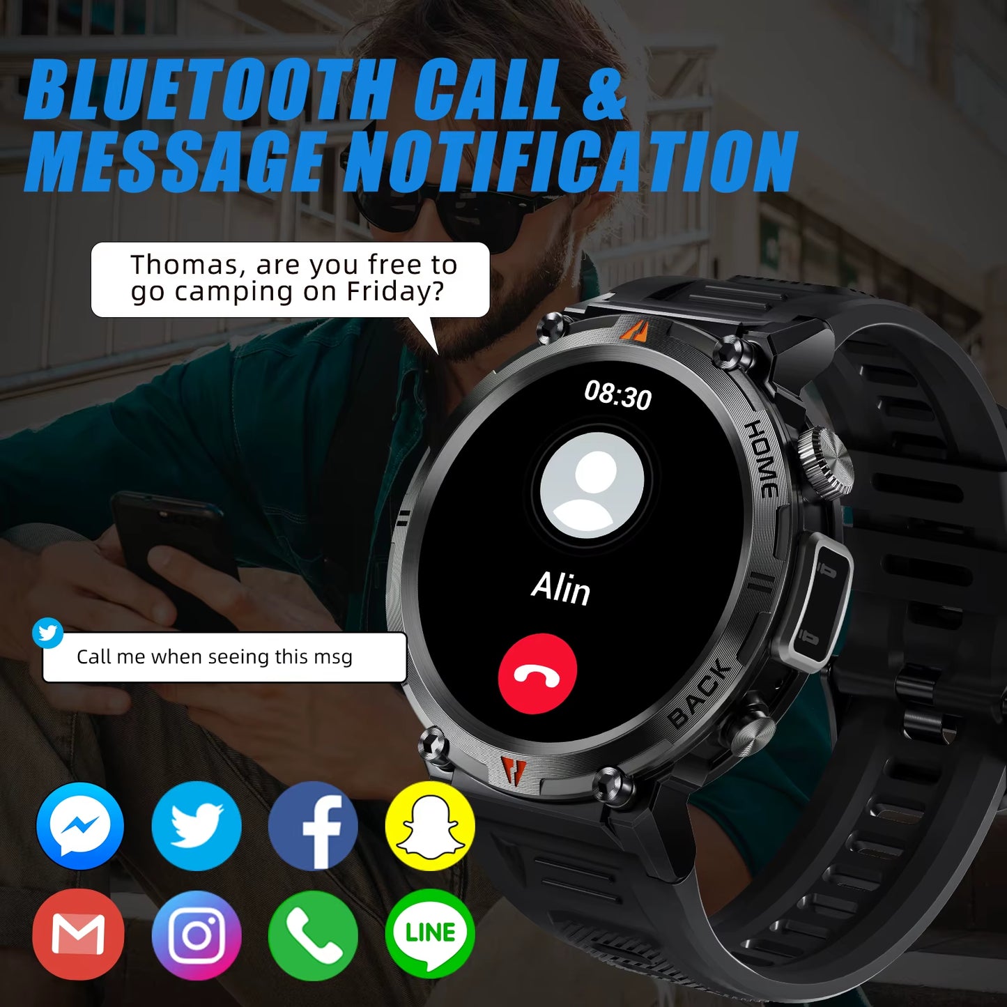 KE3 Black Bluetooth Call Smart Watch Men Full Touch Screen Health Monitor with Flashlight Men Smartwatch for Ios Androi