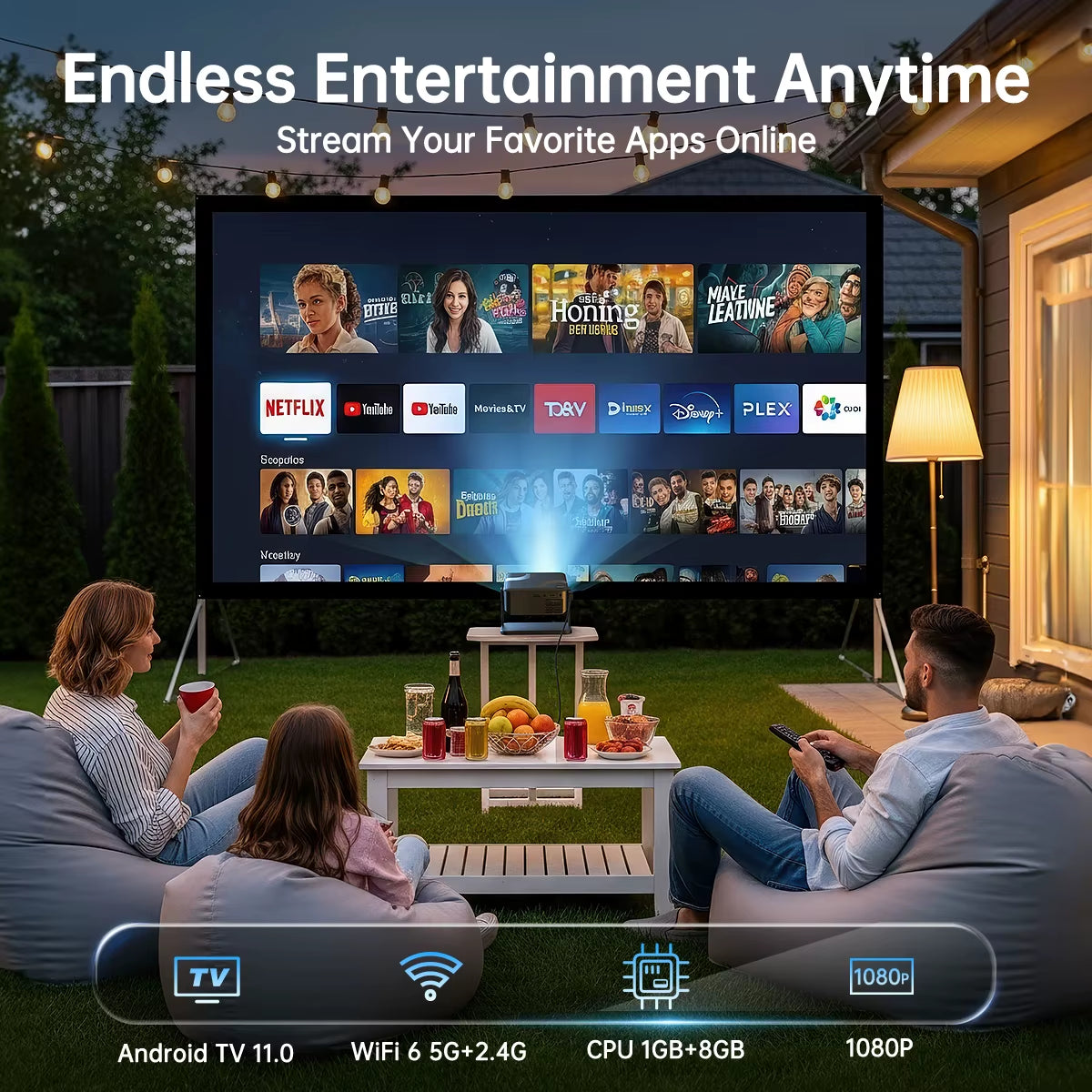 Portable 650ANSI Projector Native 1080P Android 11 Auto Focus & Keystone 4K 360° Rotate Wifi6 BT5.2 Airmouse Home Theater