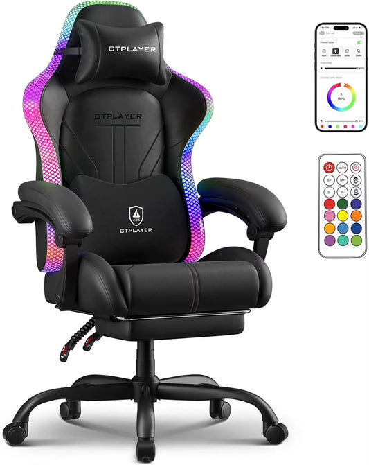 Ergonomic Gaming Chair with RGB LED Lights, High Back, Footrest & Reclining for Office Use