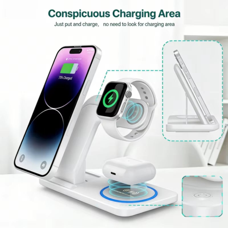 30W LED Fast Wireless Charger Stand 3 in 1 Foldable Charging Station,For Iphone/Apple Watch 9 8 7 6 5/Airpods Pro