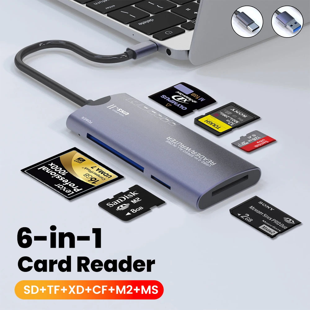 6 in 1 USB Card Reader SD TF XD CF M2 MS Memory Card Readers USB Type C Adapter High Speed Data Transfer Cardreader for Laptops
