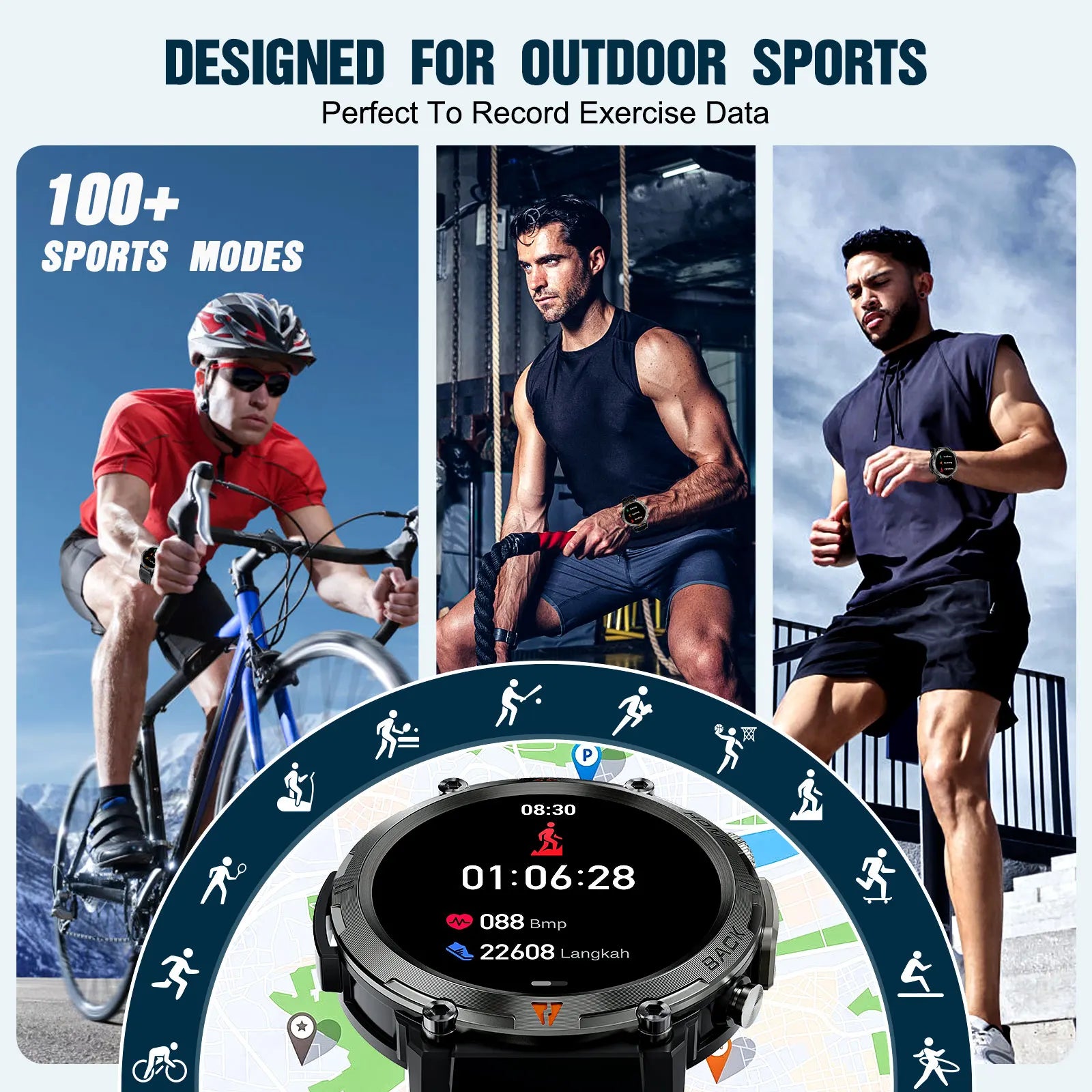 KE3 Black Bluetooth Call Smart Watch Men Full Touch Screen Health Monitor with Flashlight Men Smartwatch for Ios Androi