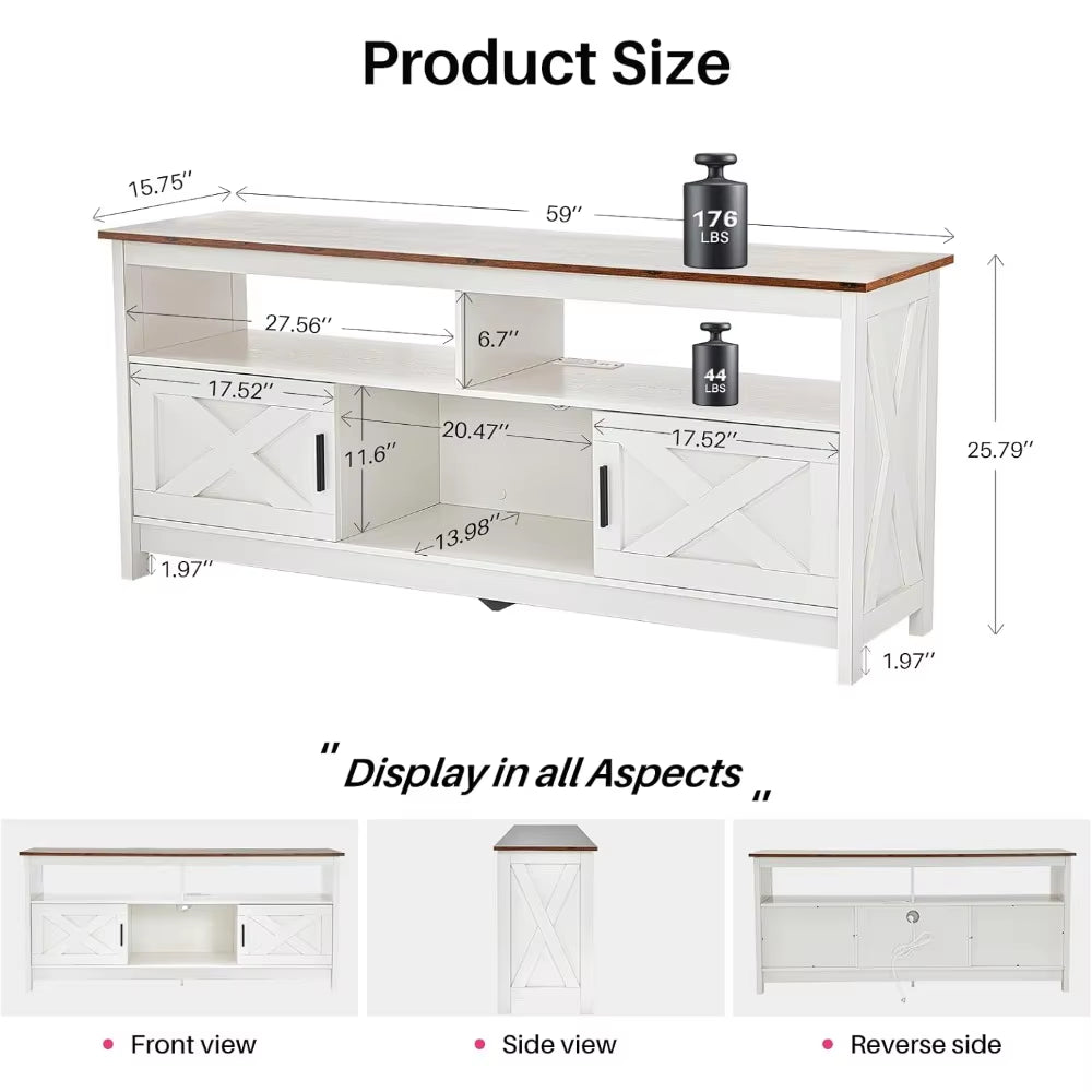 Redlife 65 Inch Tv Stand, White Farmhouse Tv Stand, Entertainment Center with Power Outlets for Tvs, Rustic Tv Stand with Storag
