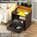Modern LED Nightstand with Charging Station, 2 Drawers, USB Ports & RGB Lights - Black