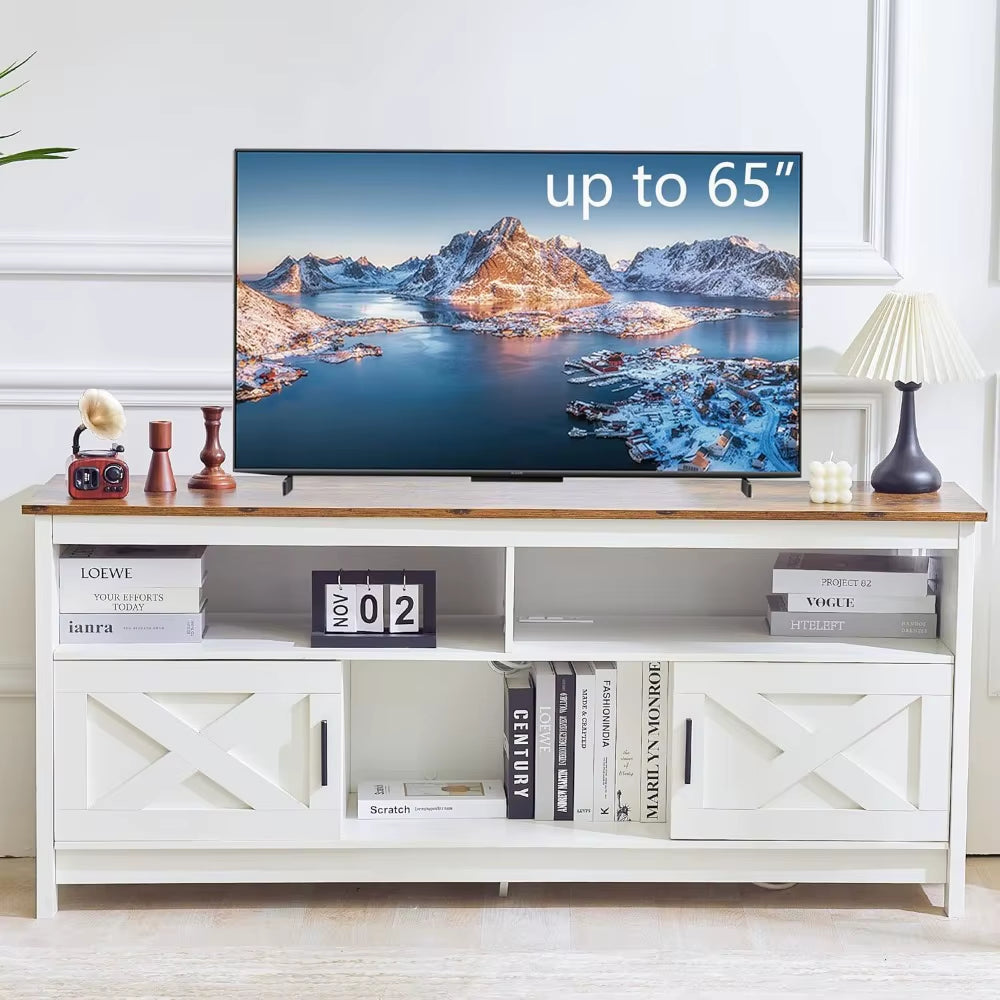 Redlife 65 Inch Tv Stand, White Farmhouse Tv Stand, Entertainment Center with Power Outlets for Tvs, Rustic Tv Stand with Storag