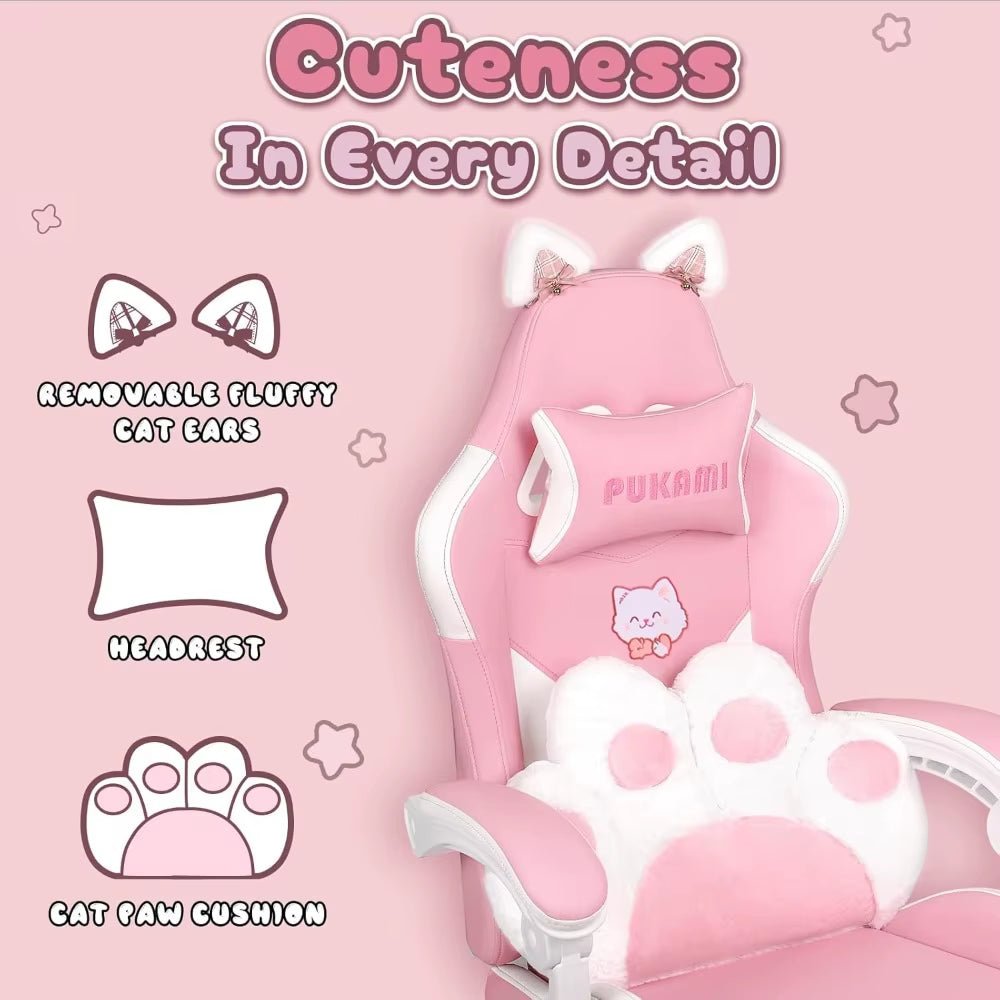 Cute Pink Gaming Chair with Cat Ears & Paw Lumbar Cushion, Ergonomic Reclining PC Chair for Girls with Footrest