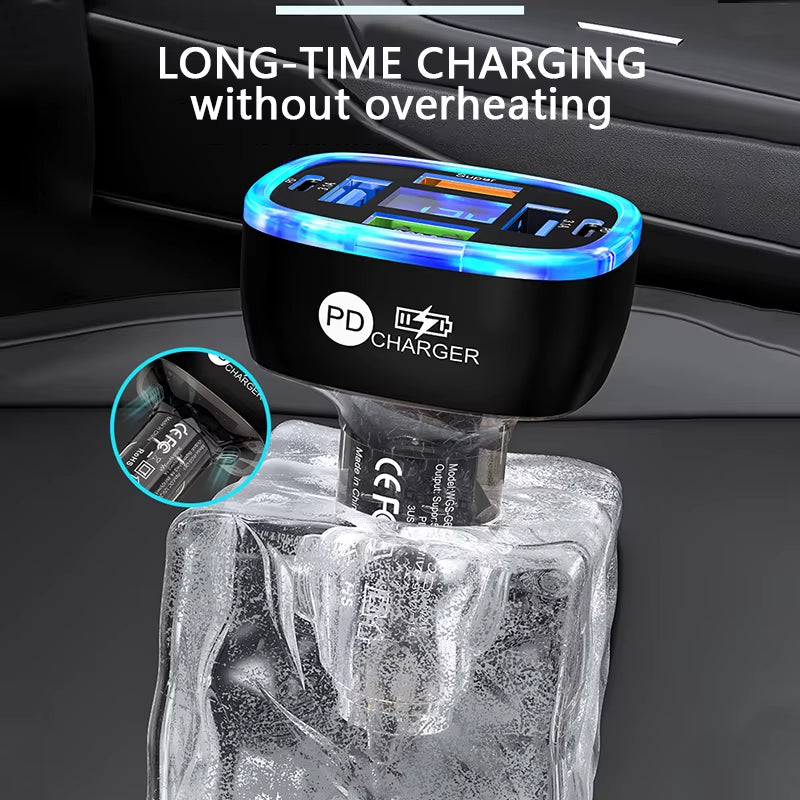 USB C Car Phone Charger 6 in 1 with Voltage Display Super Fast Charge Adapter for Samsung Iphone 16 15 Pro Max Oneplus