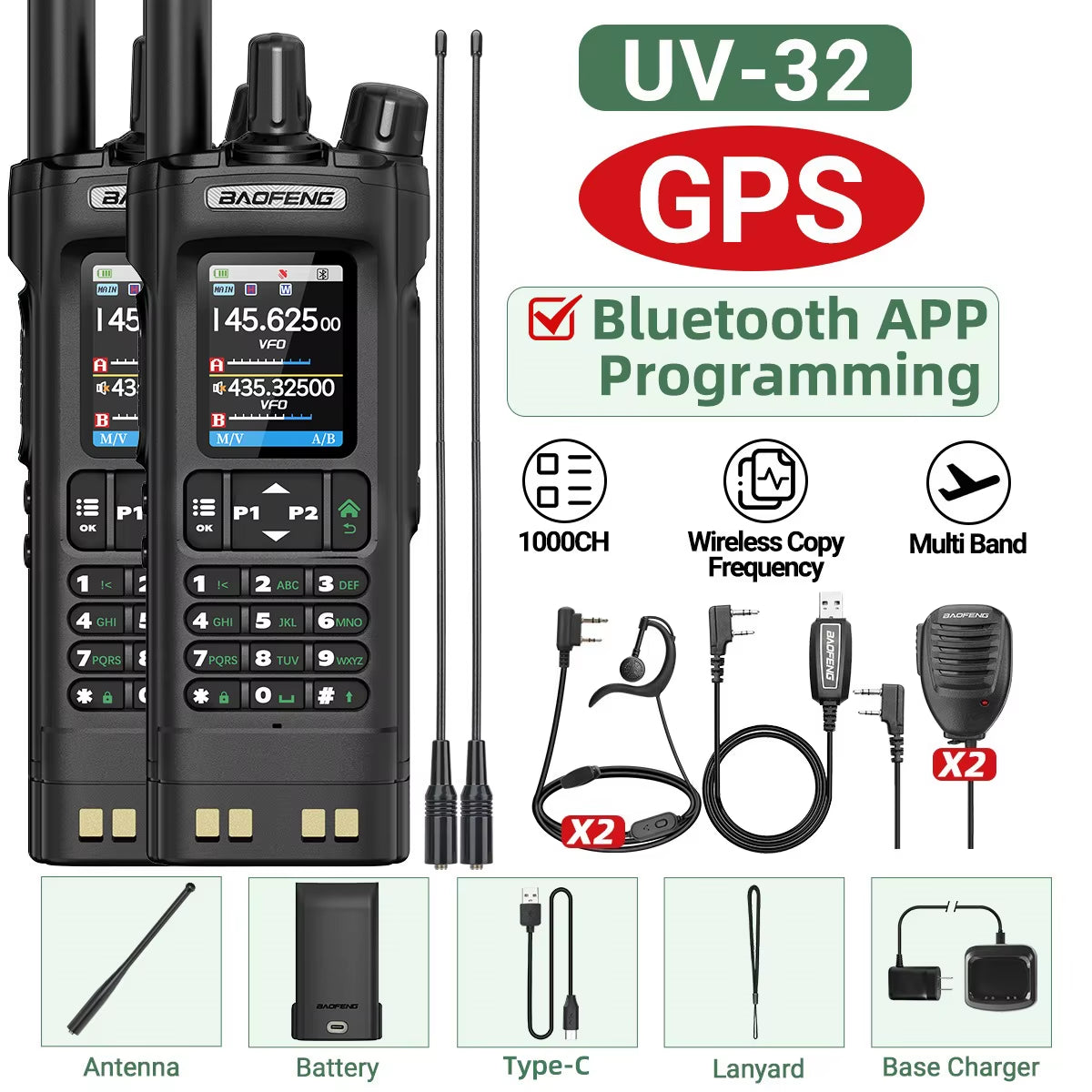 UV-32 GPS Walkie Talkie 10W Long Range Multi Band Bluetooth APP Programming Wireless Copy Frequency Type-C Two Way Radio