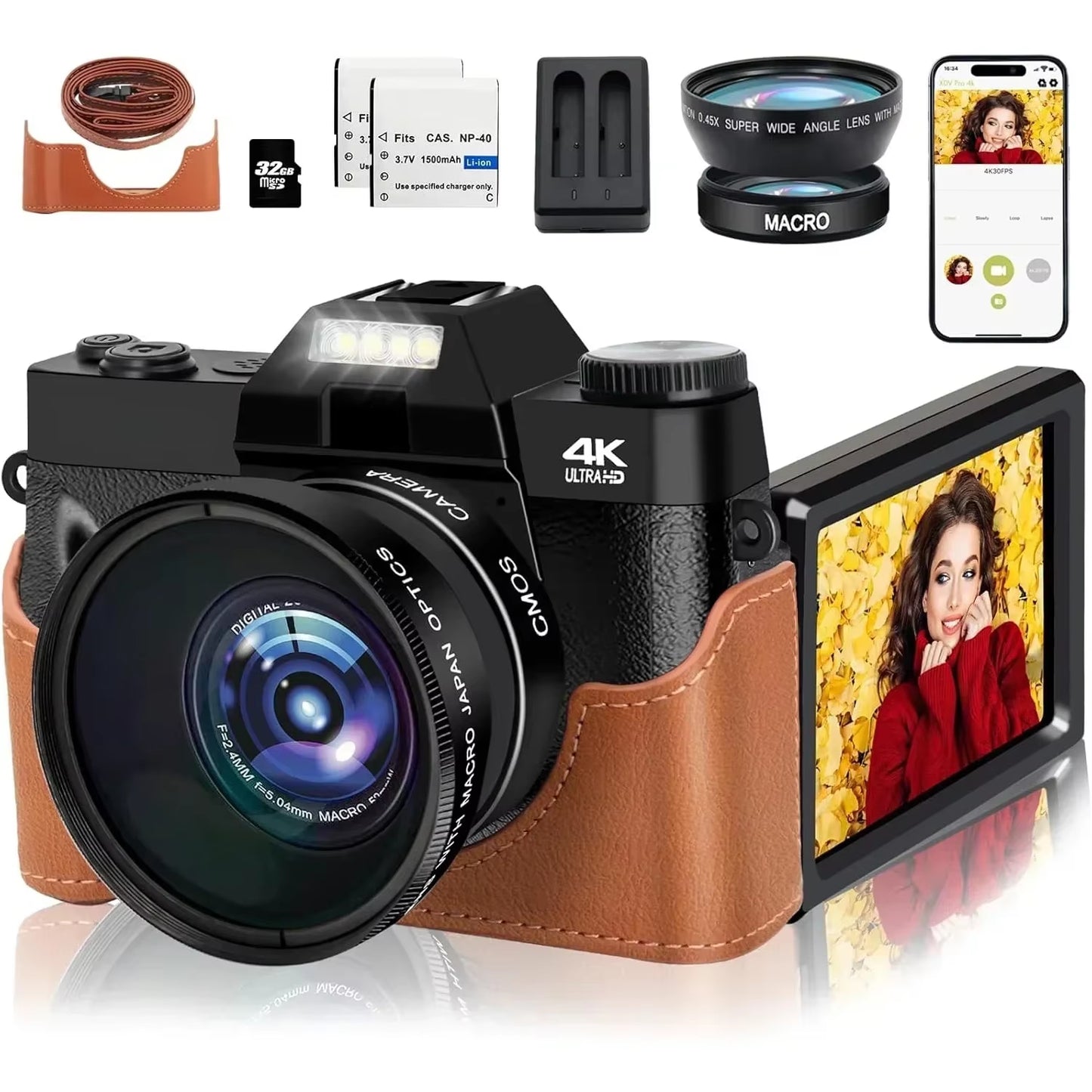 4K Digital Camera for Photography 16X Digital Zoom Vlog Camera for Youtube 75MP Wifi Autofocus Livestream Video Camera Camcorder