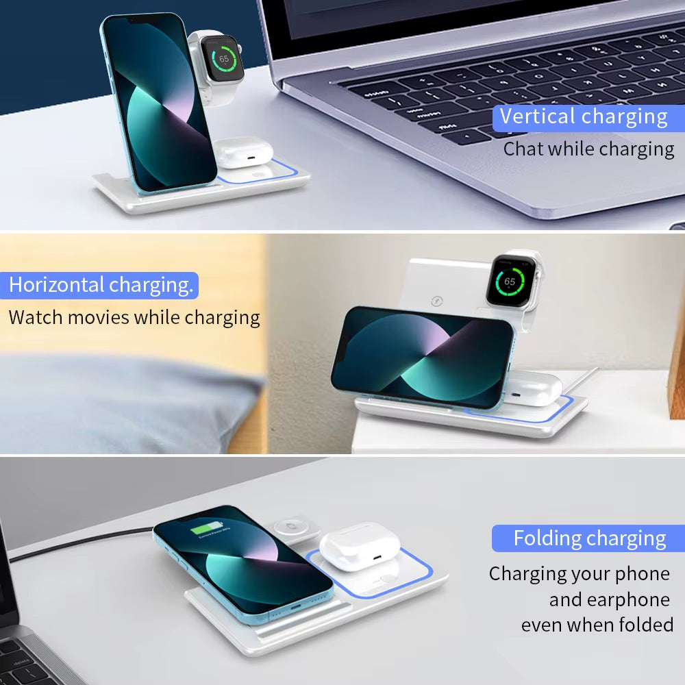 30W LED Fast Wireless Charger Stand 3 in 1 Foldable Charging Station,For Iphone/Apple Watch 9 8 7 6 5/Airpods Pro