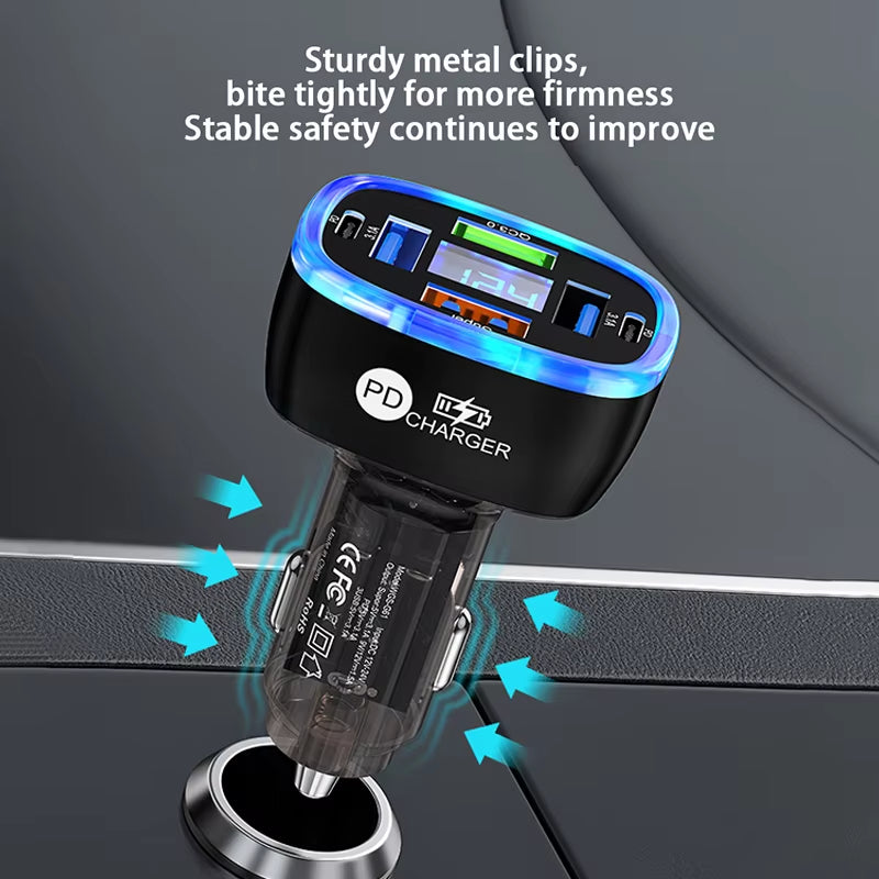 USB C Car Phone Charger 6 in 1 with Voltage Display Super Fast Charge Adapter for Samsung Iphone 16 15 Pro Max Oneplus