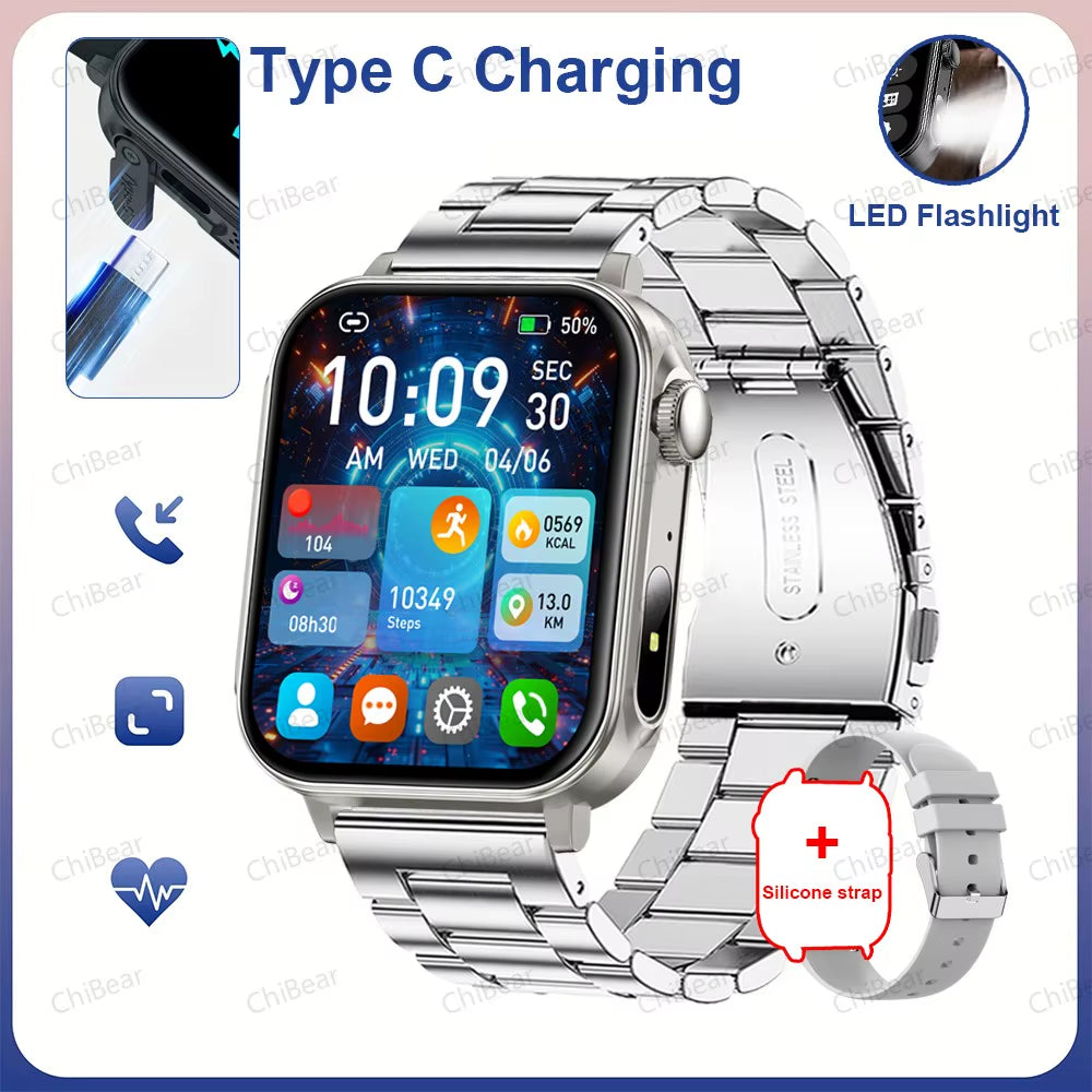 New Type-C Charging Bluetooth Call Smart Watch 1.83‘’ HD Full Screen Touch Flashlight 100+ Sports Mode Waterproof Smartwatch