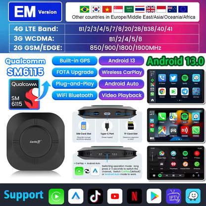 Android 13 Tv Box Carplay Android Auto 8 Core Wired to Wireless Adapter for Netflix Spotify Youtube Car Accessories