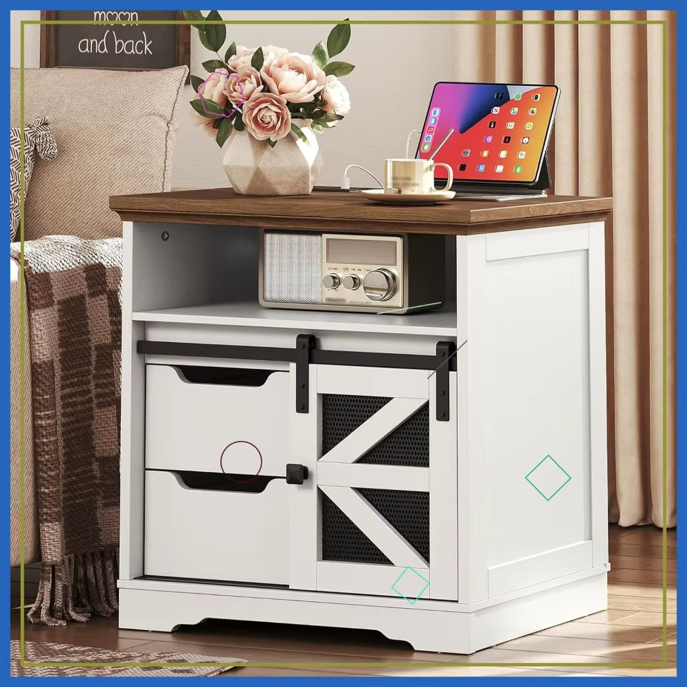 Farmhouse End Table with Charging Station, 2 Drawers & Barn Door, Rustic Wooden Nightstand for Bedroom Living Room