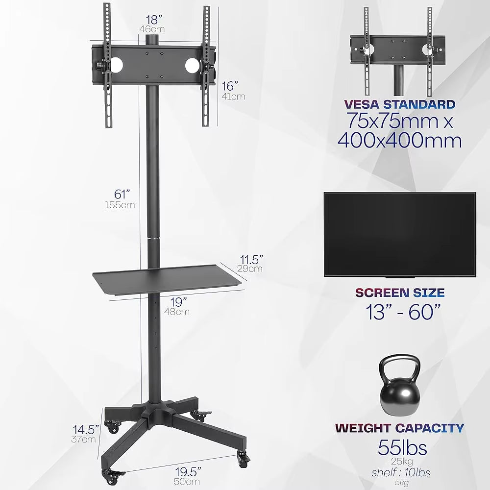 Mobile Tv Cart for 13 to 60 H Screens up to 55 Lbs, Lcd Led Oled 4K Smart Flat and Curved Panels, Rolling Stand with Laptop Dvd