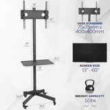 Mobile Tv Cart for 13 to 60 H Screens up to 55 Lbs, Lcd Led Oled 4K Smart Flat and Curved Panels, Rolling Stand with Laptop Dvd