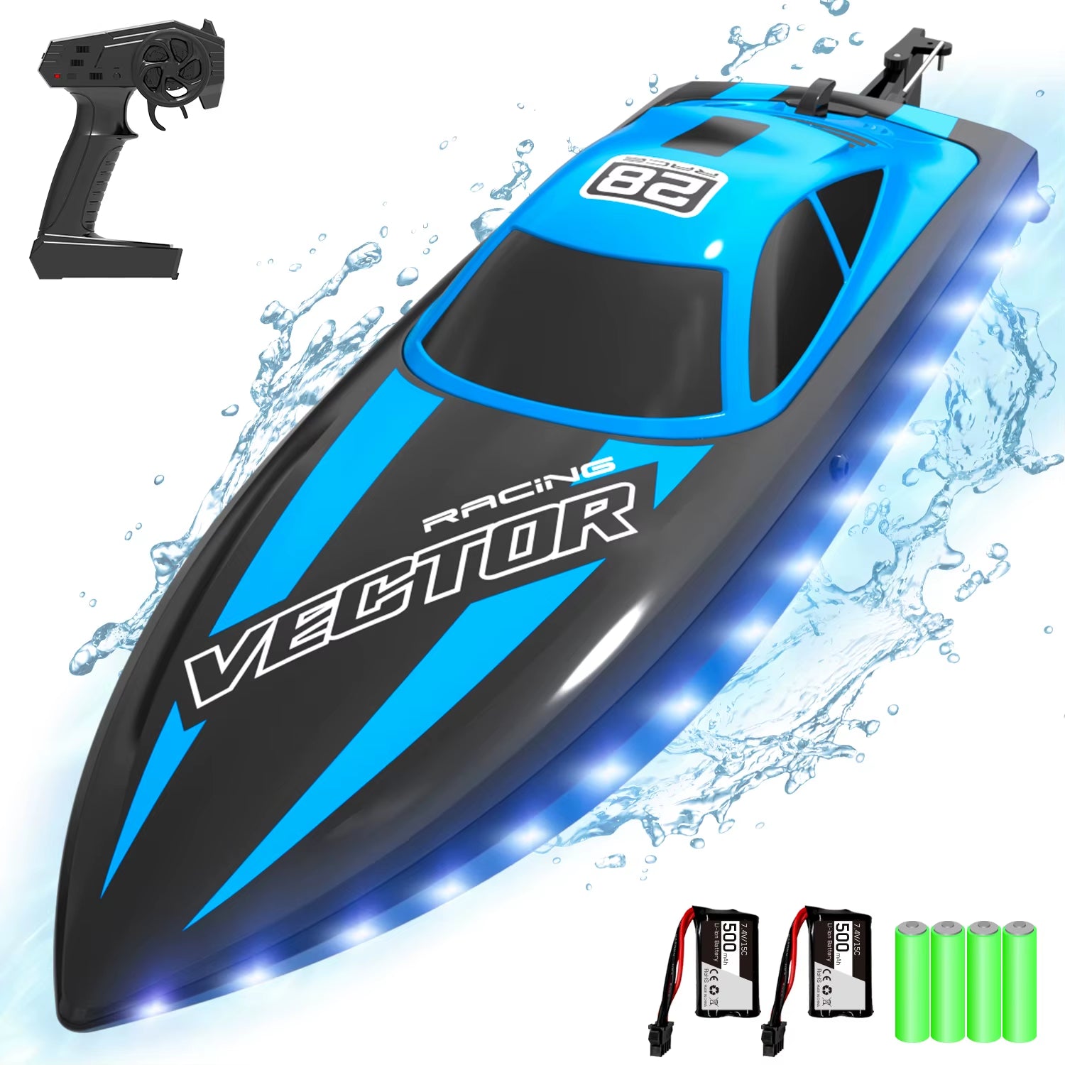 VOLANTEXRC RC Boat 20MPH Fast Remote Control Boat with Lights 2.4Ghz Toy Boat for Pools and Lakes with 2 Rechargeable Batteries