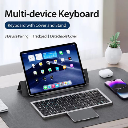 Bluetooth Keyboard Folding Keyboard with Touchpad Leather Case Rechargeable Multi-Device Wireless Bluetooth 5.2 Tablet Keyboard