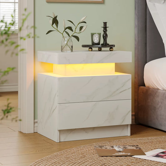 LED Nightstands with 2 Drawers, End Table with RGB LED Lights for Bedroom Living Room, White Bedside Table