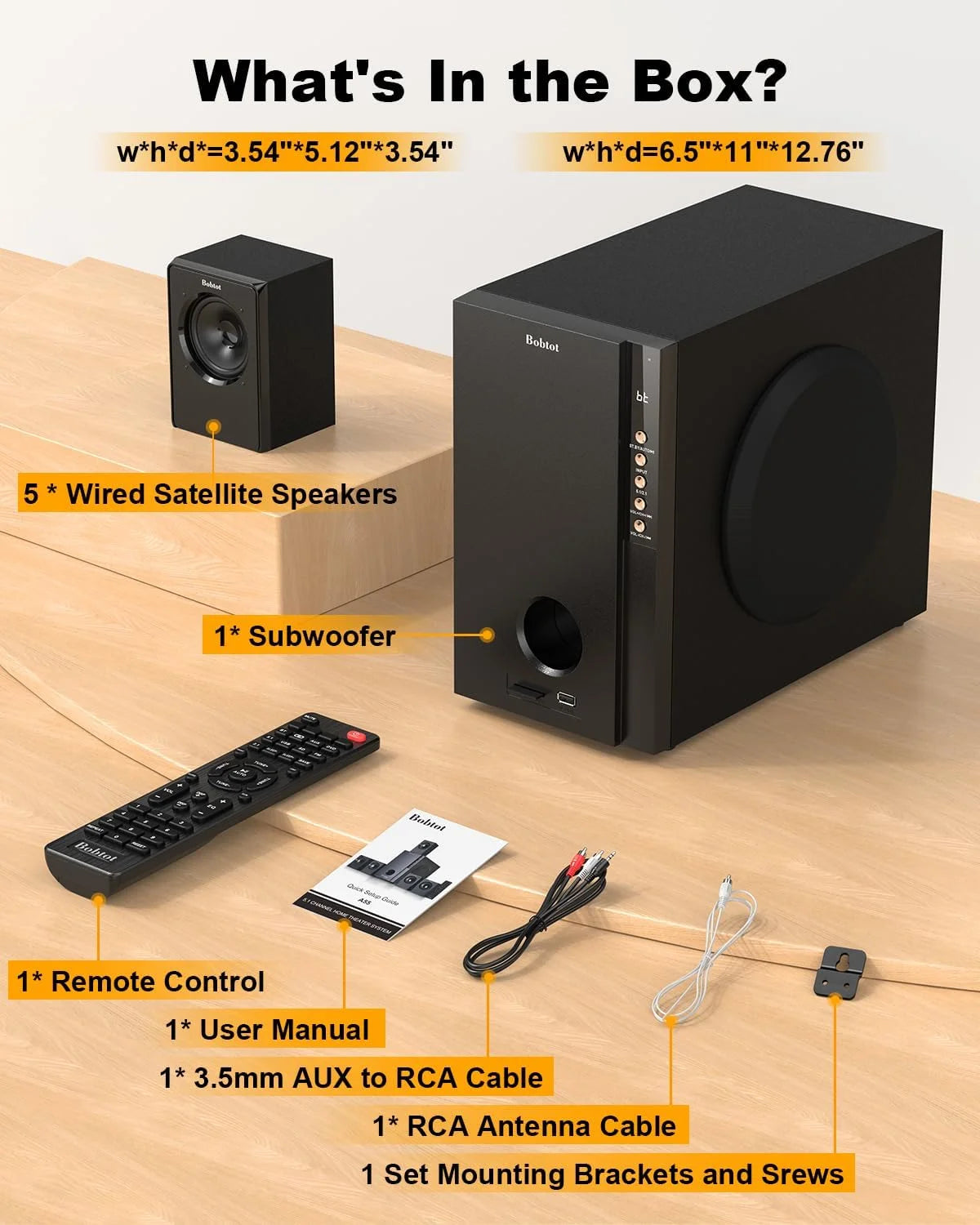 Home Theater Systems with 5.25 Inch Subwoofer, 5.1 Wired Satellite Surround Sound Speakers, 600 Watts Peak Power Deep Bass Audio Stereo System with FM Radio Bluetooth AUX DVD USB SD Input