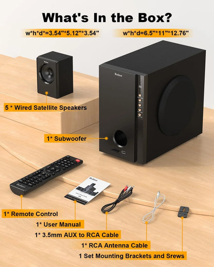 Home Theater Systems with 5.25 Inch Subwoofer, 5.1 Wired Satellite Surround Sound Speakers, 600 Watts Peak Power Deep Bass Audio Stereo System with FM Radio Bluetooth AUX DVD USB SD Input