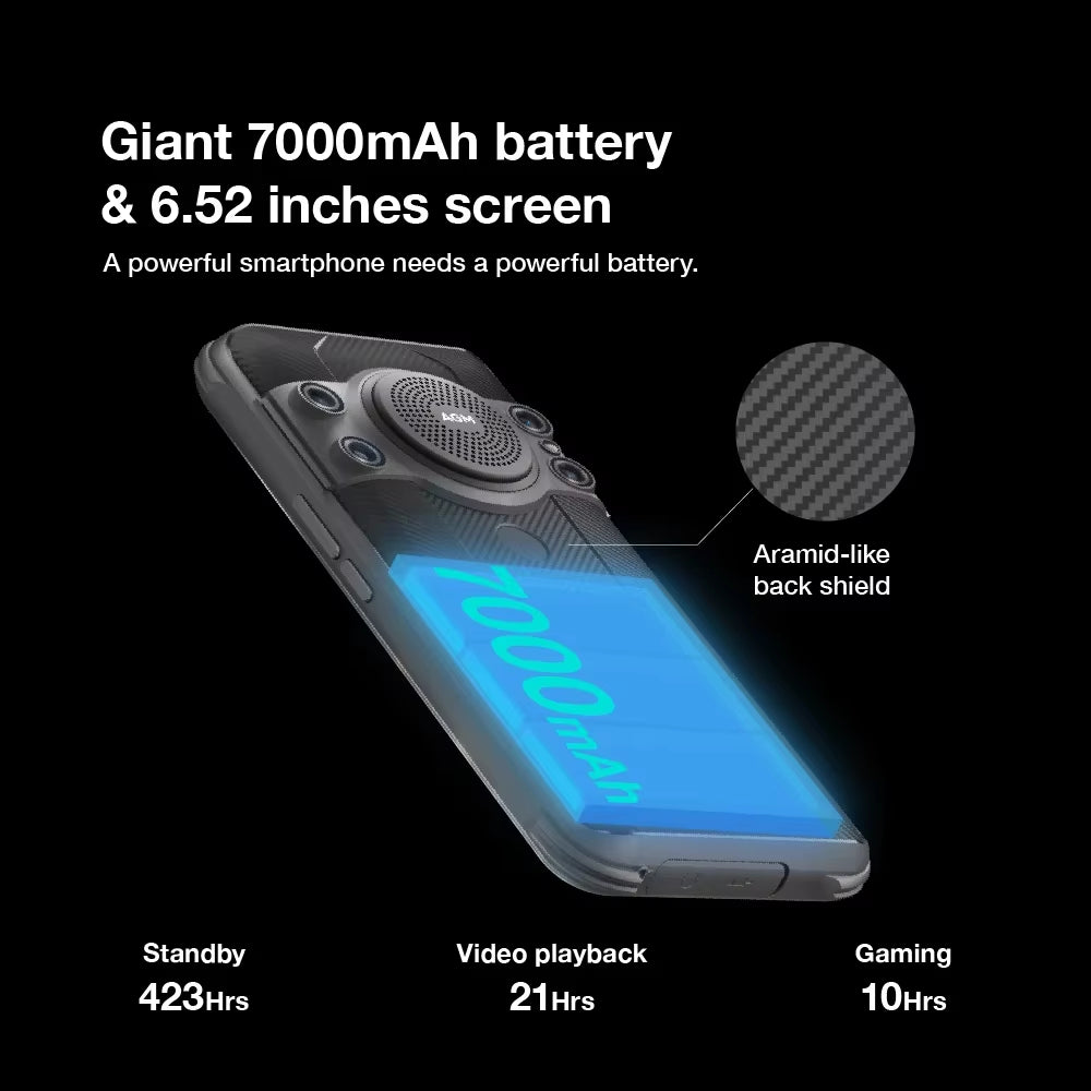 H5 Pro Rugged Helio G85 Smartphone, 6.56" HD+, 6GB+128GB, 48MP Camera, 7000Mah with NFC/IP68, 109Db Speaker and Night Vision