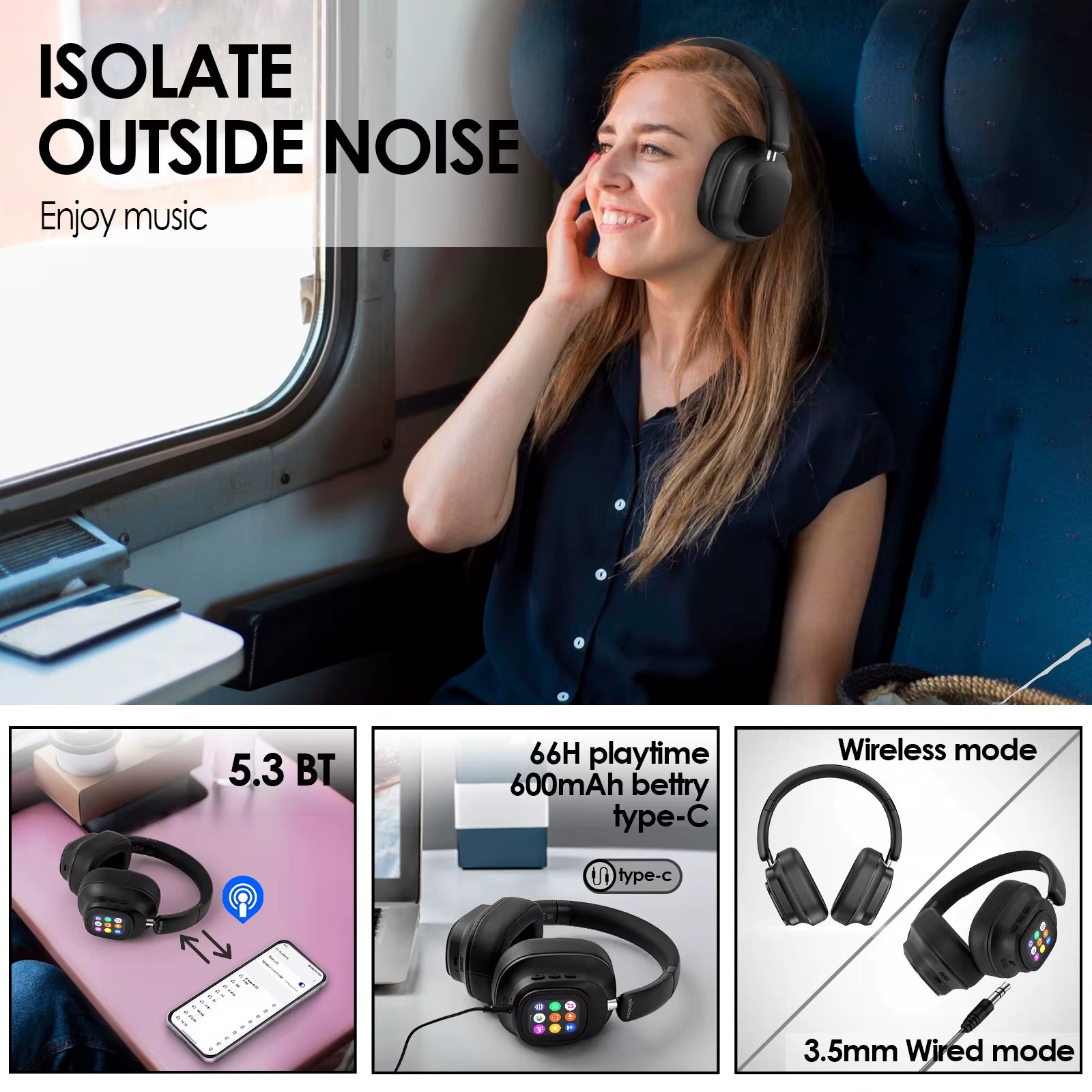 Jh-Anc930Plus Active Noise Cancelling Headphones, Hybrid Wireless Headphone with Multi Magnetic Touch Control LED Screen